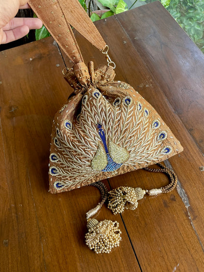 Gold & Blue Peacock Motif Raw Silk Zardosi Polti Bags