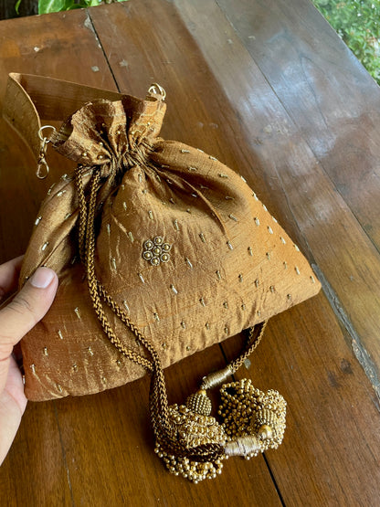 Gold & Blue Peacock Motif Raw Silk Zardosi Polti Bags