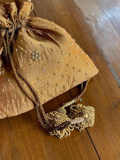 Gold & Blue Peacock Motif Raw Silk Zardosi Polti Bags