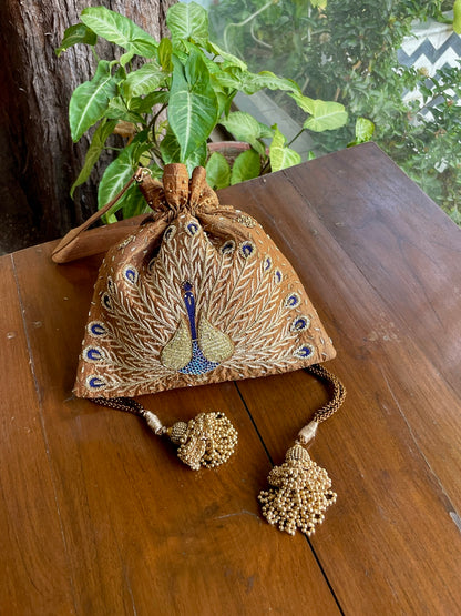 Gold & Blue Peacock Motif Raw Silk Zardosi Polti Bags