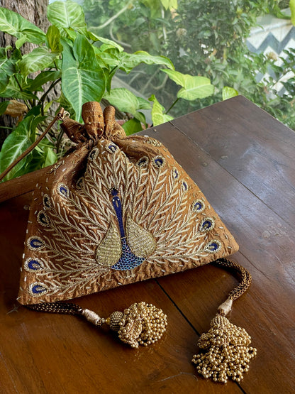 Gold & Blue Peacock Motif Raw Silk Zardosi Polti Bags