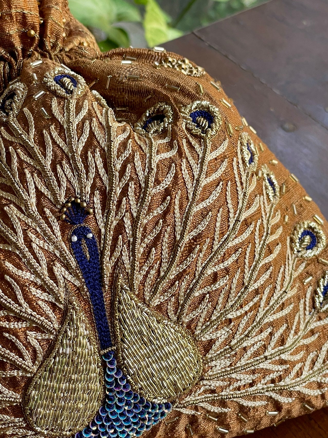 Gold & Blue Peacock Motif Raw Silk Zardosi Polti Bags
