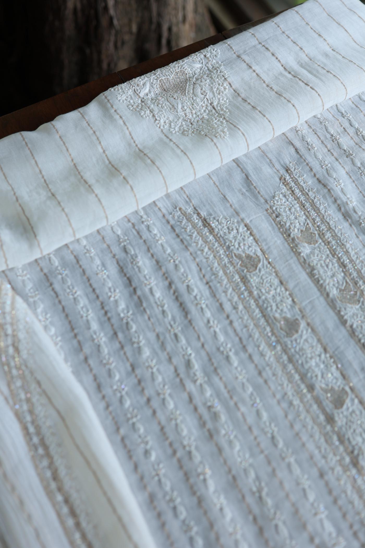 Golden Zari White Chanderi Unisex Chikankari Men’s Kurta Fabric