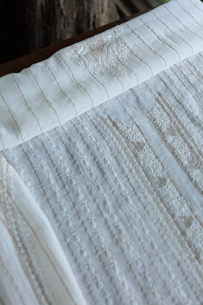 Golden Zari White Chanderi Unisex Chikankari Men’s Kurta Fabric