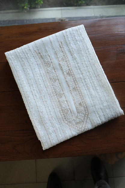 Golden Zari White Chanderi Unisex Chikankari Men’s Kurta Fabric