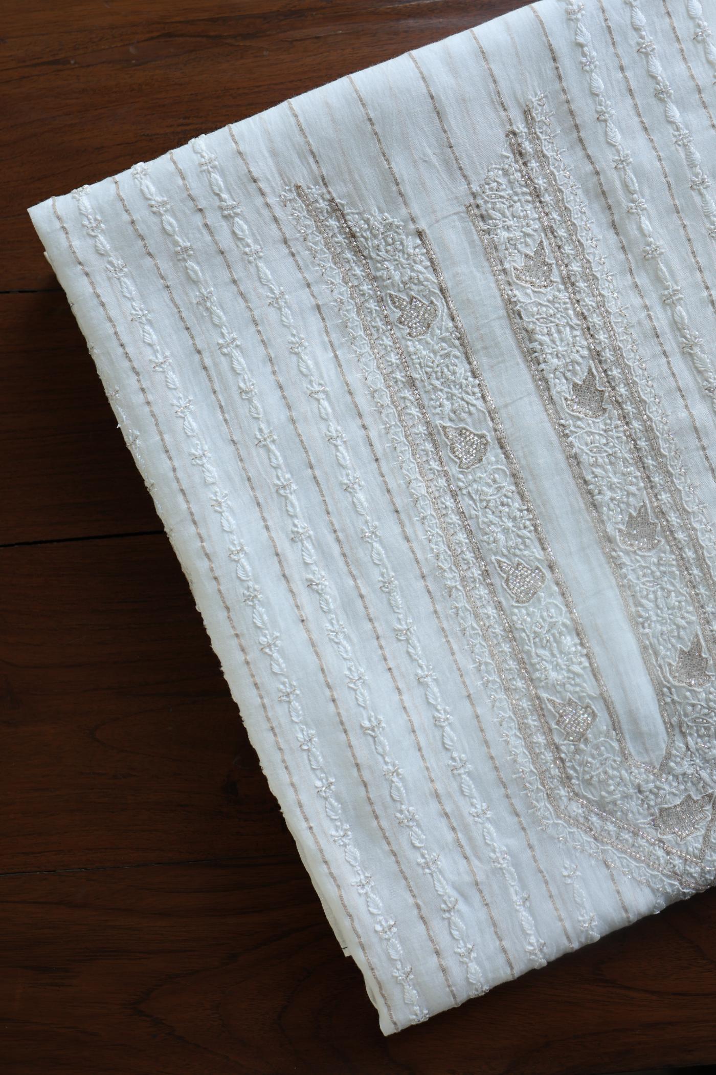 Golden Zari White Chanderi Unisex Chikankari Men’s Kurta Fabric
