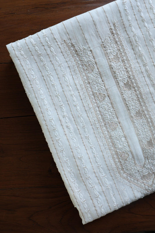 Golden Zari White Chanderi Unisex Chikankari Men’s Kurta Fabric
