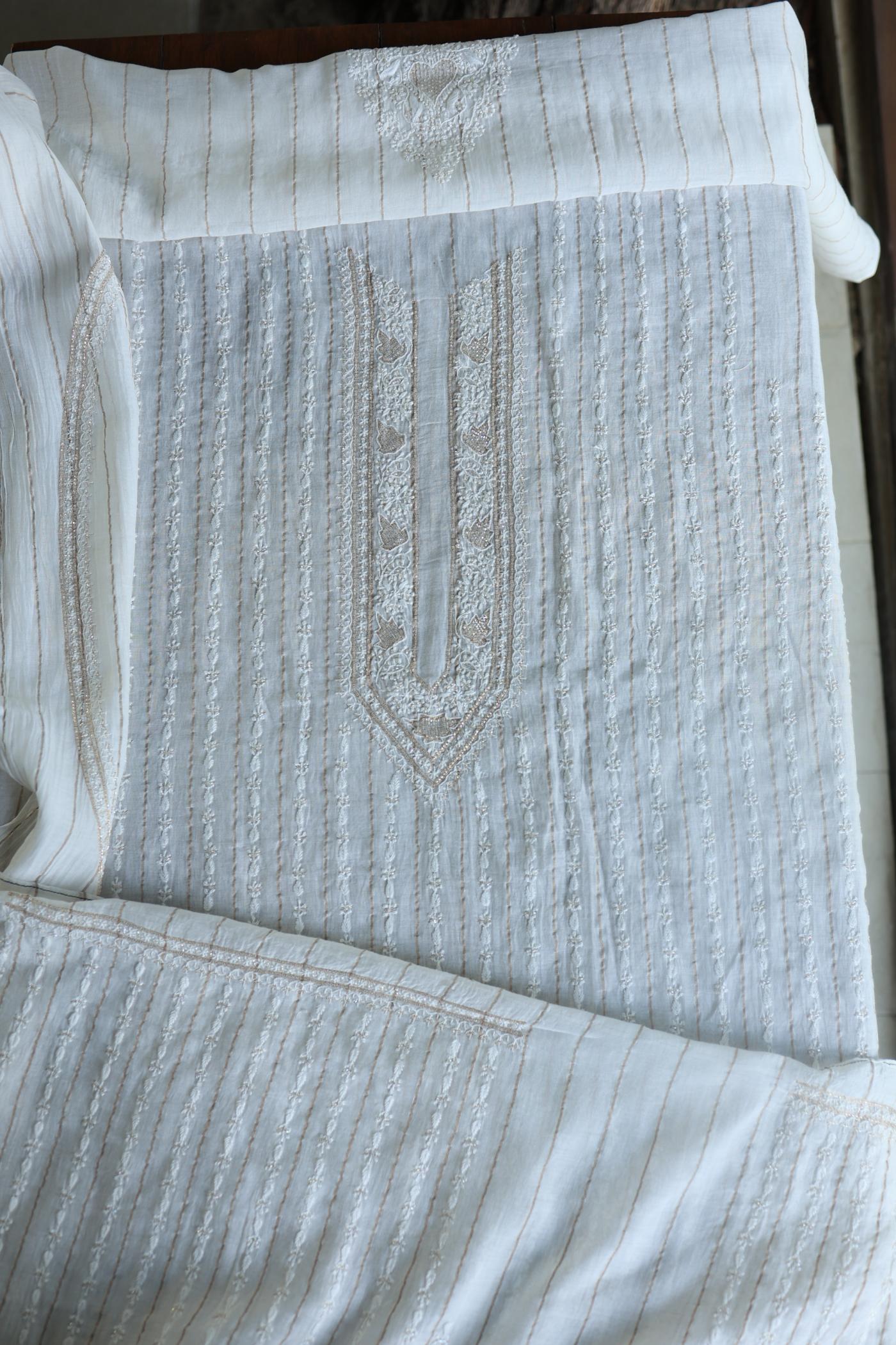Golden Zari White Chanderi Unisex Chikankari Men’s Kurta Fabric