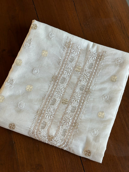 Golden & Off White Zari Chanderi Unisex Chikankari Unstitched Men’s Kurta Fabric