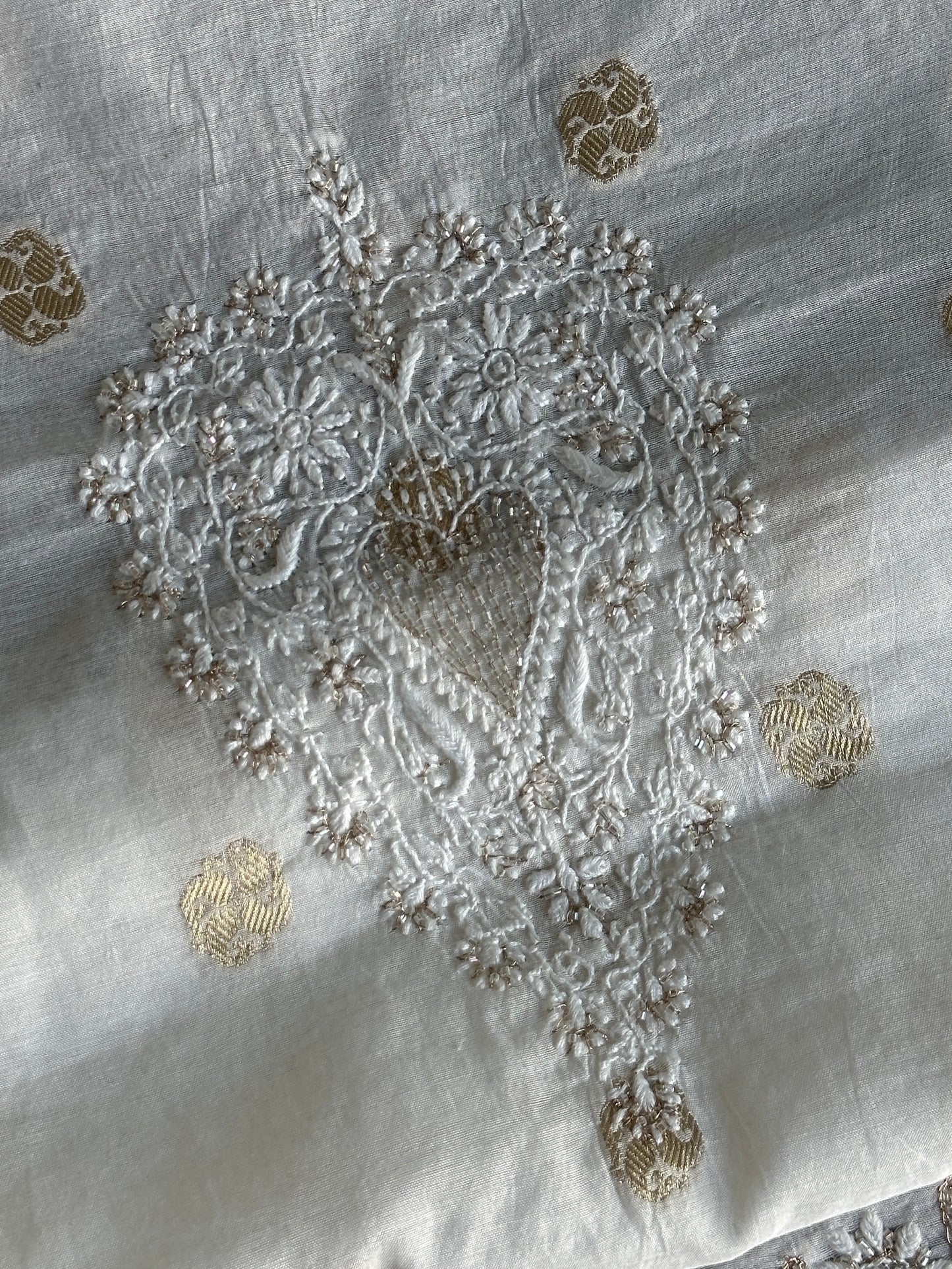 Golden & Off White Zari Chanderi Unisex Chikankari Unstitched Men’s Kurta Fabric