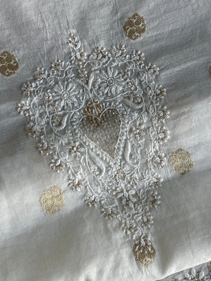 Golden & Off White Zari Chanderi Unisex Chikankari Unstitched Men’s Kurta Fabric