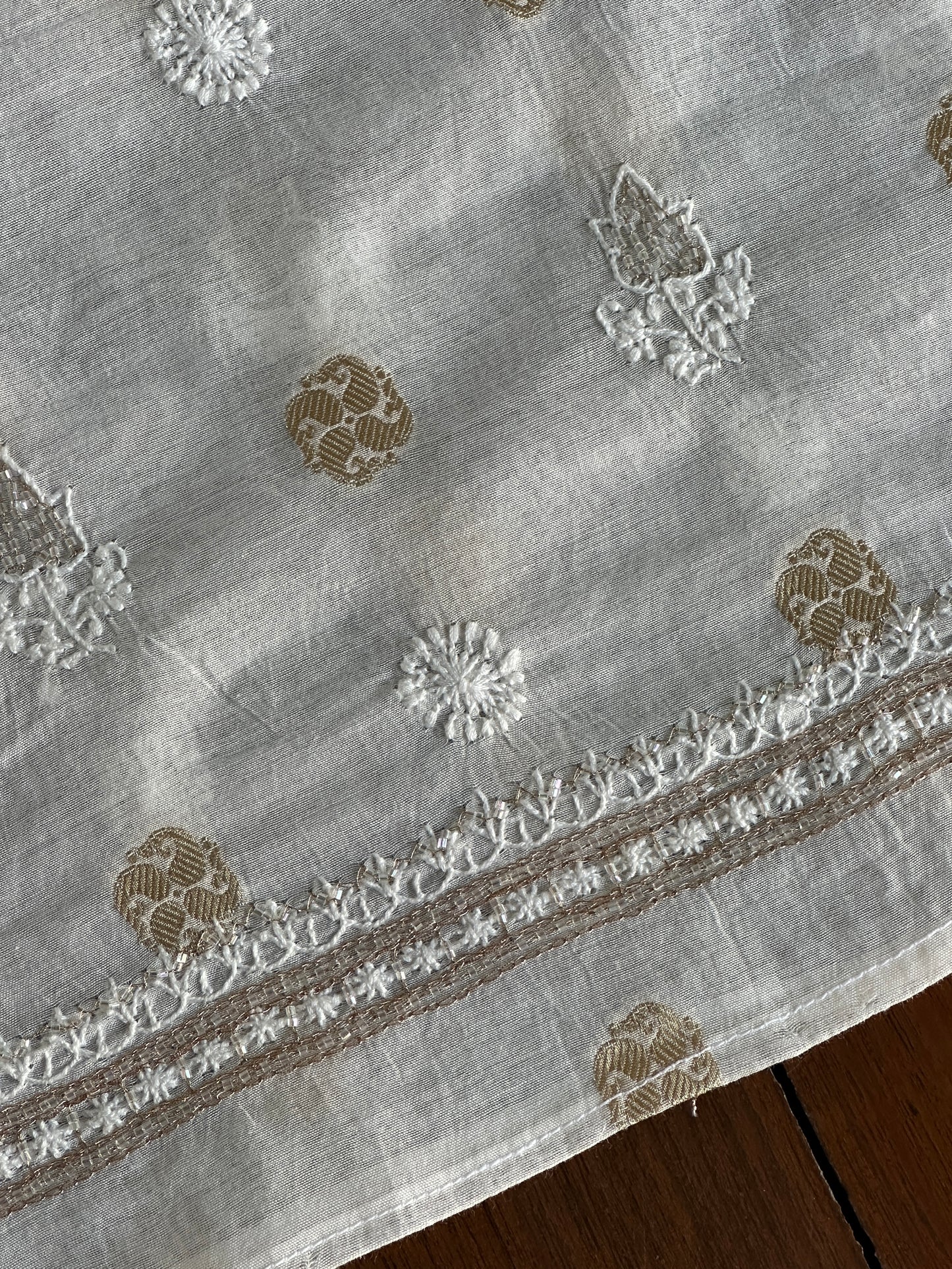 Golden & Off White Zari Chanderi Unisex Chikankari Unstitched Men’s Kurta Fabric