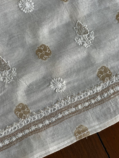 Golden & Off White Zari Chanderi Unisex Chikankari Unstitched Men’s Kurta Fabric