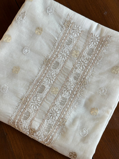 Golden & Off White Zari Chanderi Unisex Chikankari Unstitched Men’s Kurta Fabric