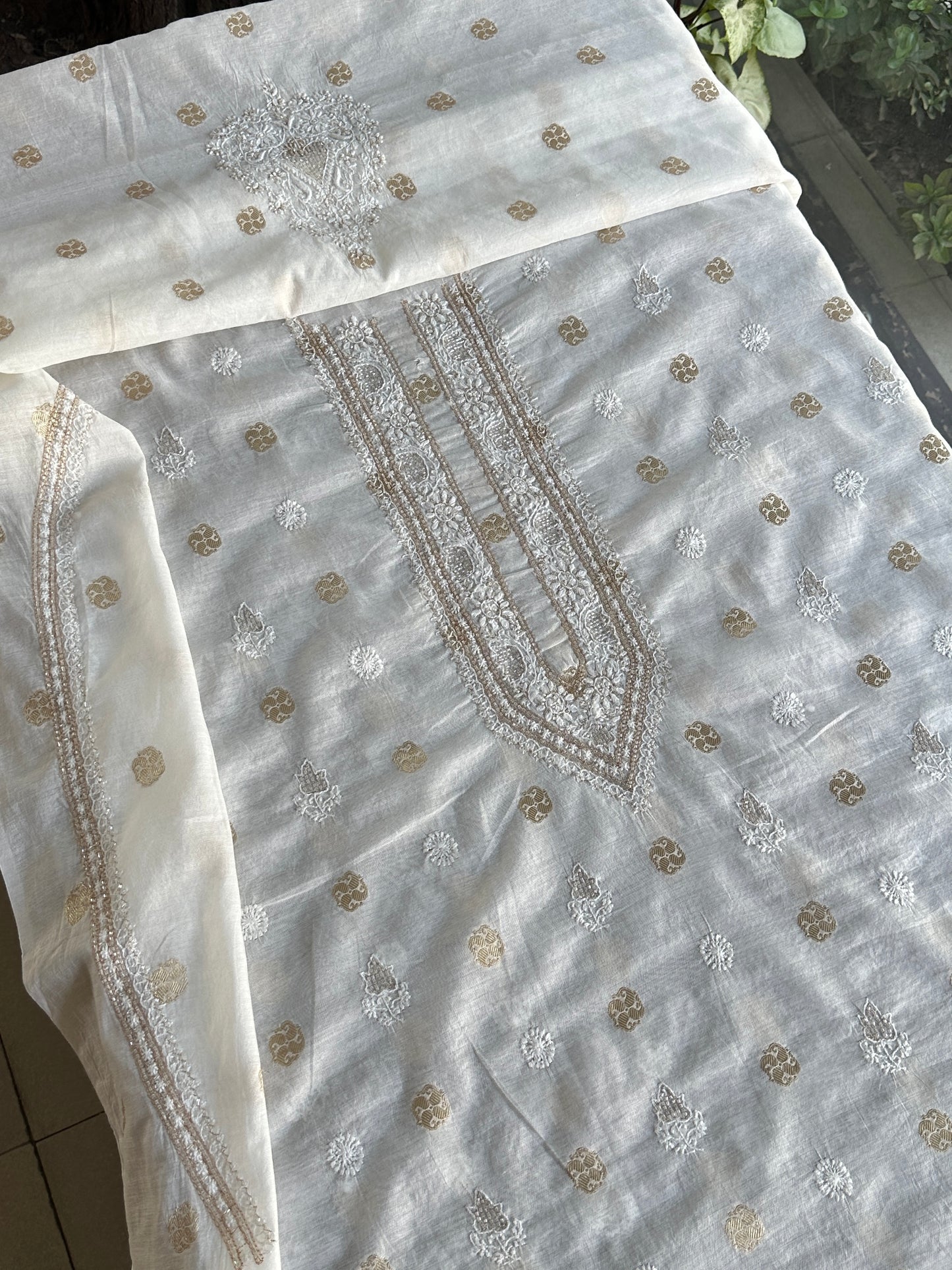 Golden & Off White Zari Chanderi Unisex Chikankari Unstitched Men’s Kurta Fabric