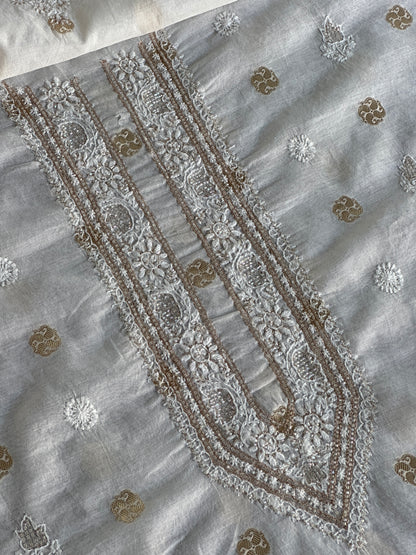 Golden & Off White Zari Chanderi Unisex Chikankari Unstitched Men’s Kurta Fabric