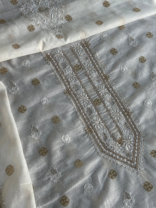 Golden & Off White Zari Chanderi Unisex Chikankari Unstitched Men’s Kurta Fabric
