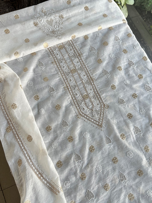 Golden & Off White Zari Chanderi Unisex Chikankari Unstitched Men’s Kurta Fabric