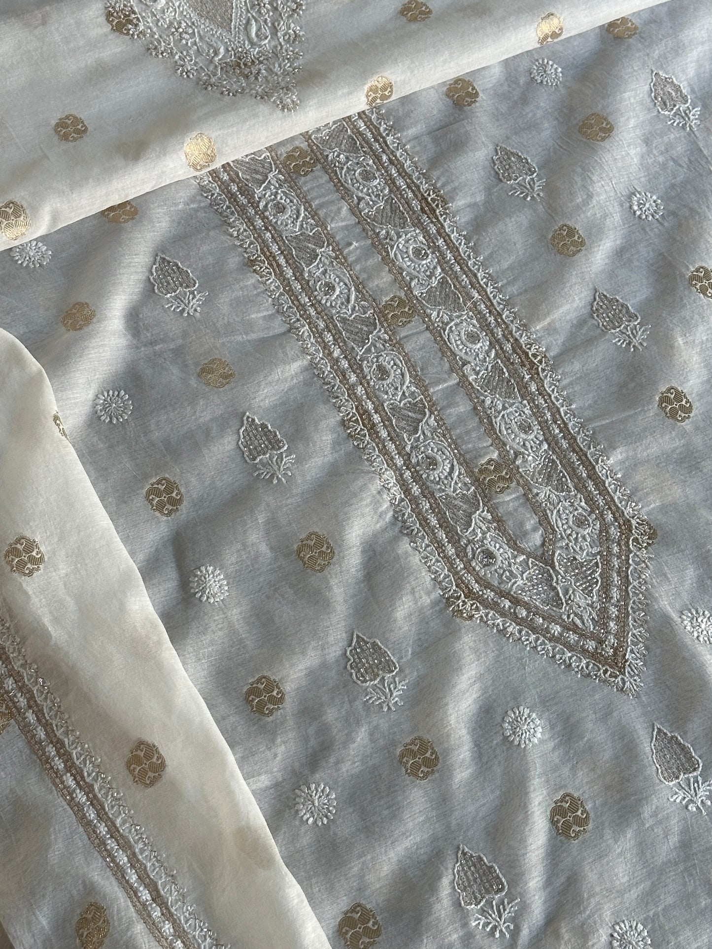 Golden & Off White Zari Chanderi Unisex Chikankari Unstitched Men’s Kurta Fabric