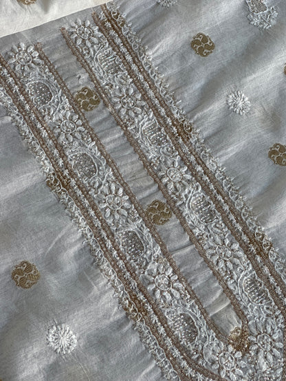 Golden & Off White Zari Chanderi Unisex Chikankari Unstitched Men’s Kurta Fabric