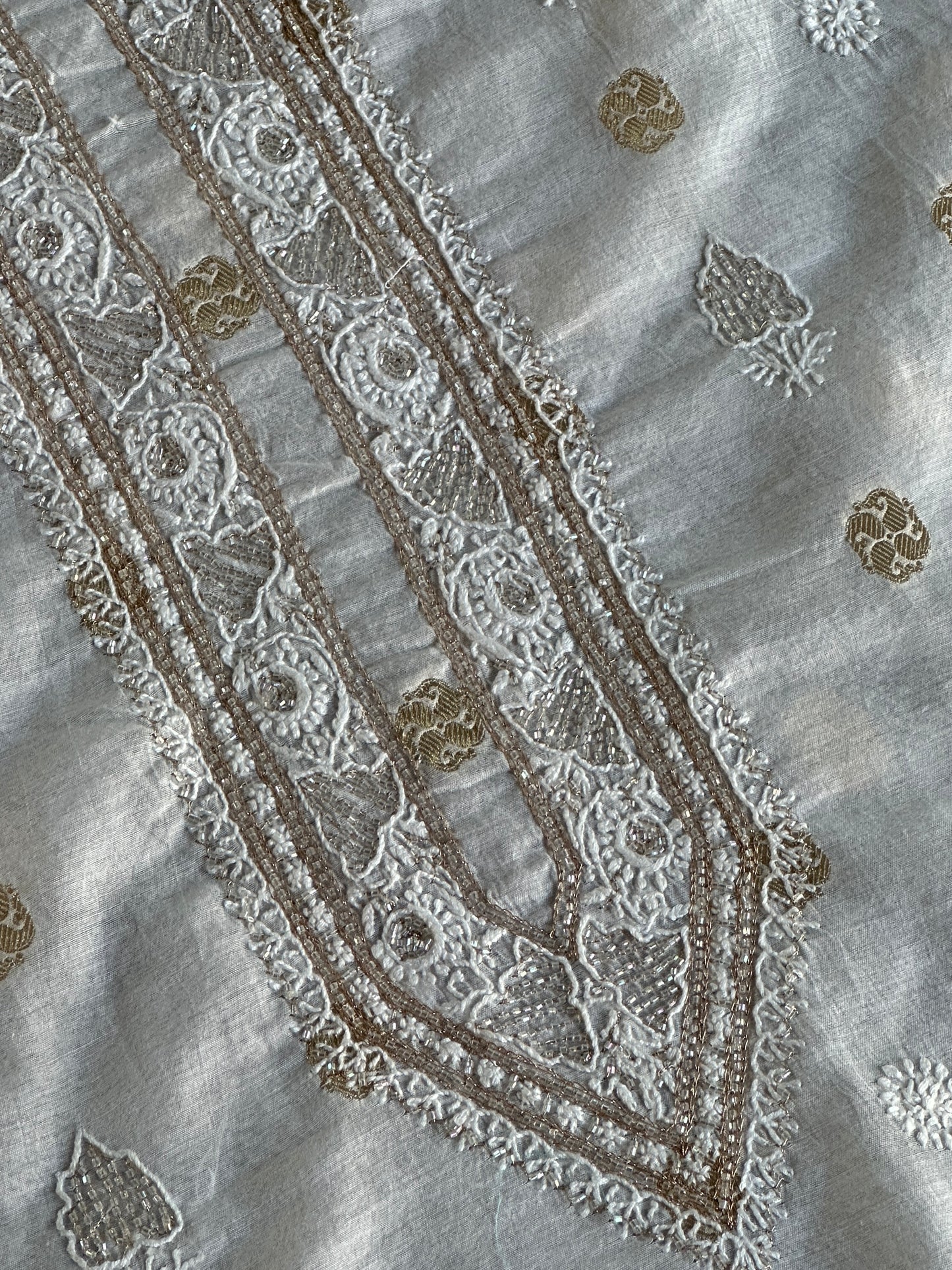 Golden & Off White Zari Chanderi Unisex Chikankari Unstitched Men’s Kurta Fabric