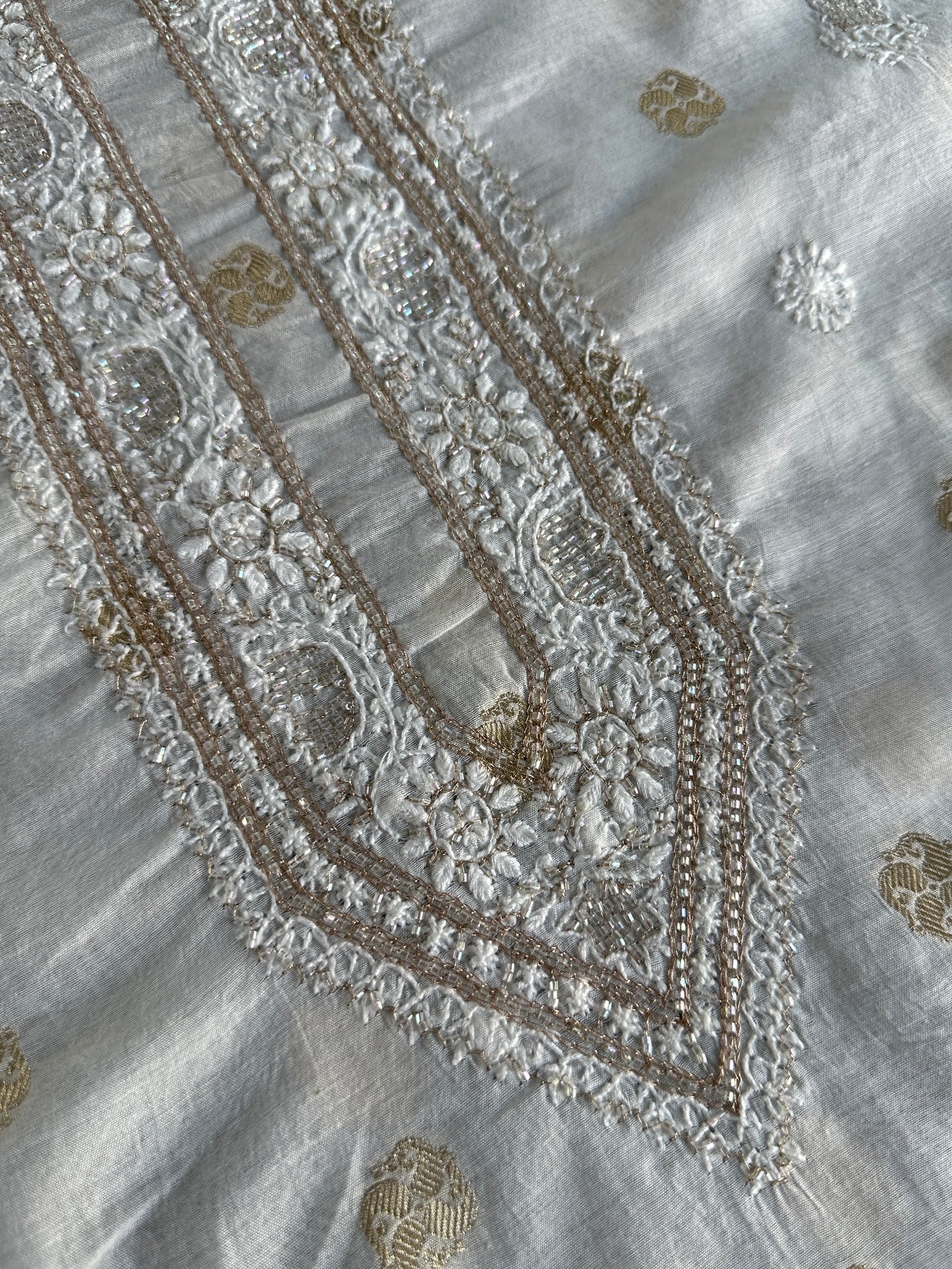 Golden & Off White Zari Chanderi Unisex Chikankari Unstitched Men’s Kurta Fabric
