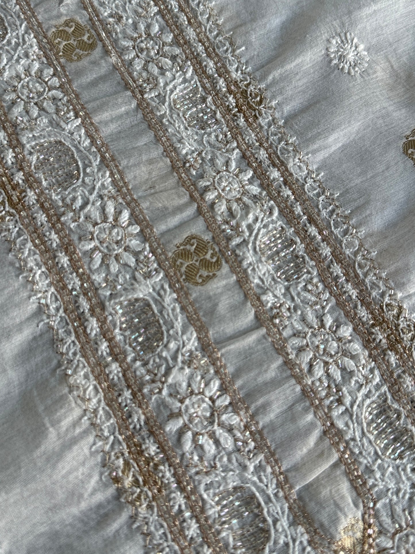 Golden & Off White Zari Chanderi Unisex Chikankari Unstitched Men’s Kurta Fabric