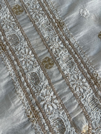 Golden & Off White Zari Chanderi Unisex Chikankari Unstitched Men’s Kurta Fabric