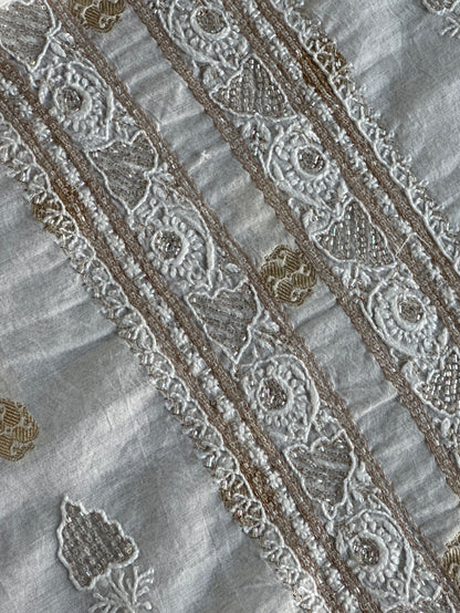 Golden & Off White Zari Chanderi Unisex Chikankari Unstitched Men’s Kurta Fabric
