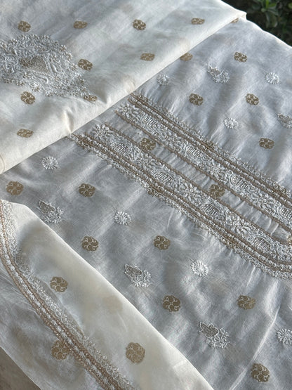 Golden & Off White Zari Chanderi Unisex Chikankari Unstitched Men’s Kurta Fabric