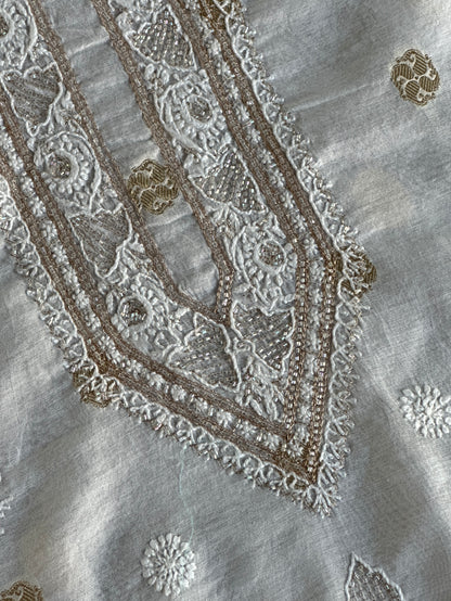 Golden & Off White Zari Chanderi Unisex Chikankari Unstitched Men’s Kurta Fabric
