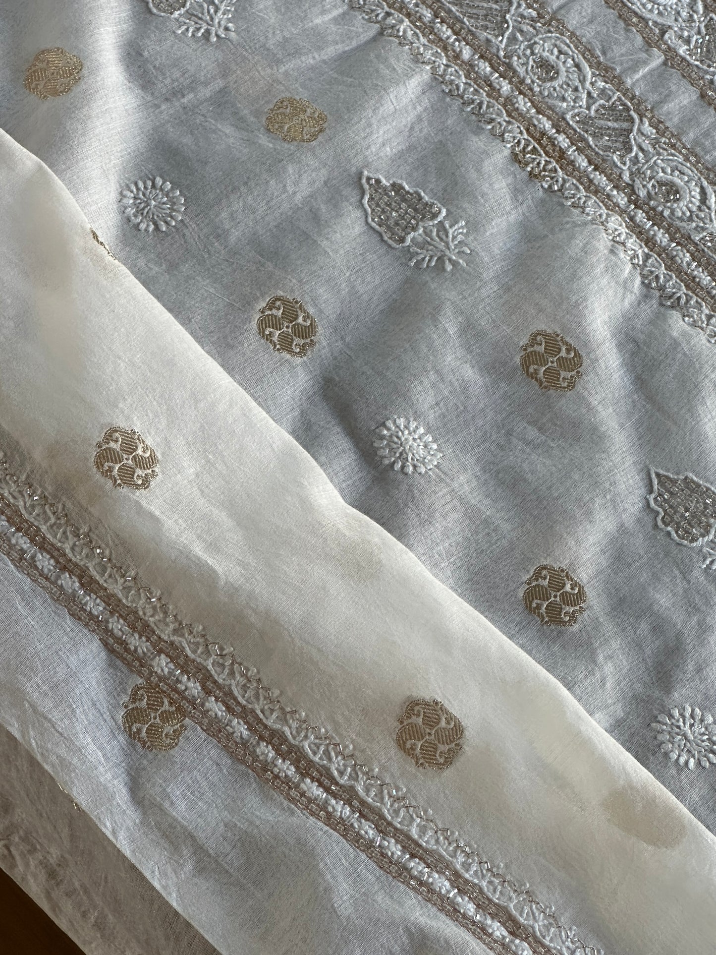 Golden & Off White Zari Chanderi Unisex Chikankari Unstitched Men’s Kurta Fabric