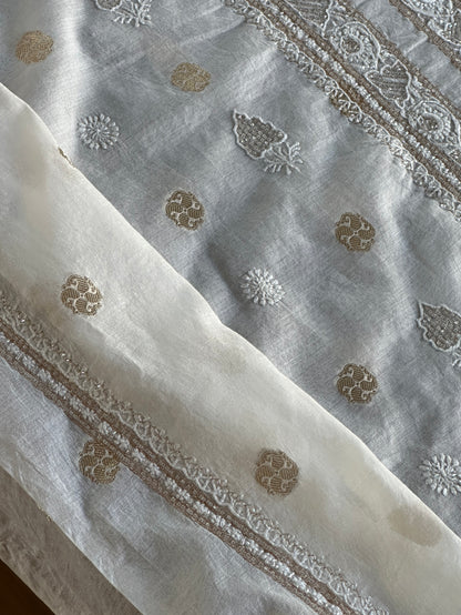 Golden & Off White Zari Chanderi Unisex Chikankari Unstitched Men’s Kurta Fabric