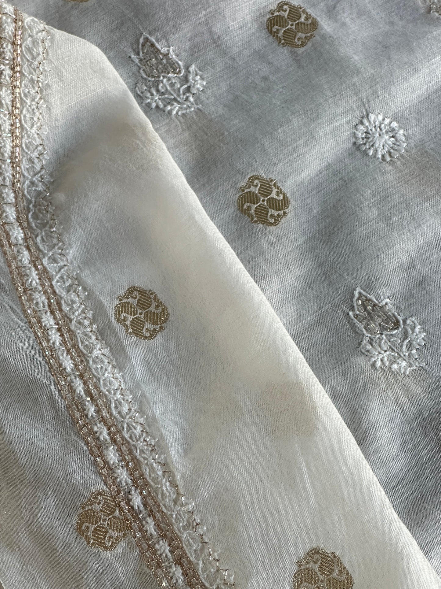 Golden & Off White Zari Chanderi Unisex Chikankari Unstitched Men’s Kurta Fabric