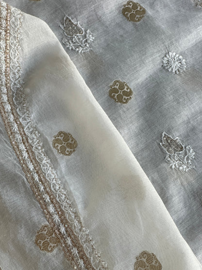 Golden & Off White Zari Chanderi Unisex Chikankari Unstitched Men’s Kurta Fabric