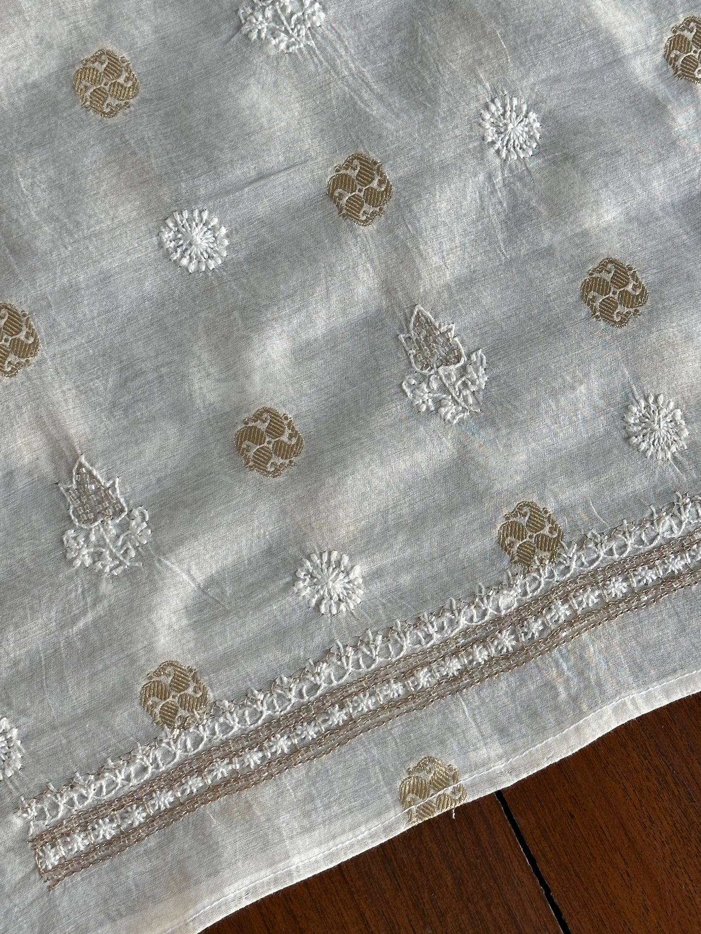 Golden & Off White Zari Chanderi Unisex Chikankari Unstitched Men’s Kurta Fabric