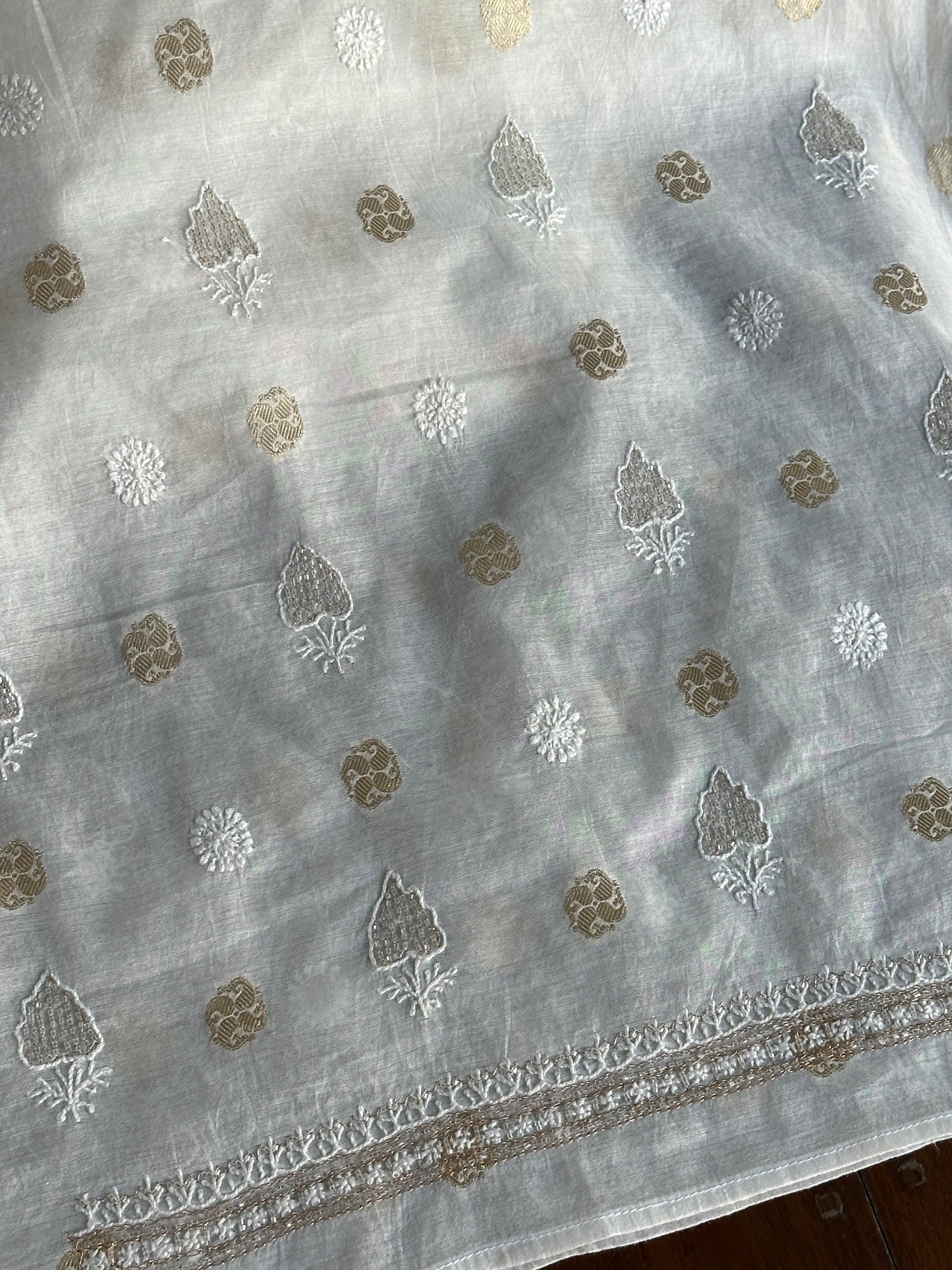 Golden & Off White Zari Chanderi Unisex Chikankari Unstitched Men’s Kurta Fabric