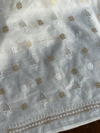 Golden & Off White Zari Chanderi Unisex Chikankari Unstitched Men’s Kurta Fabric