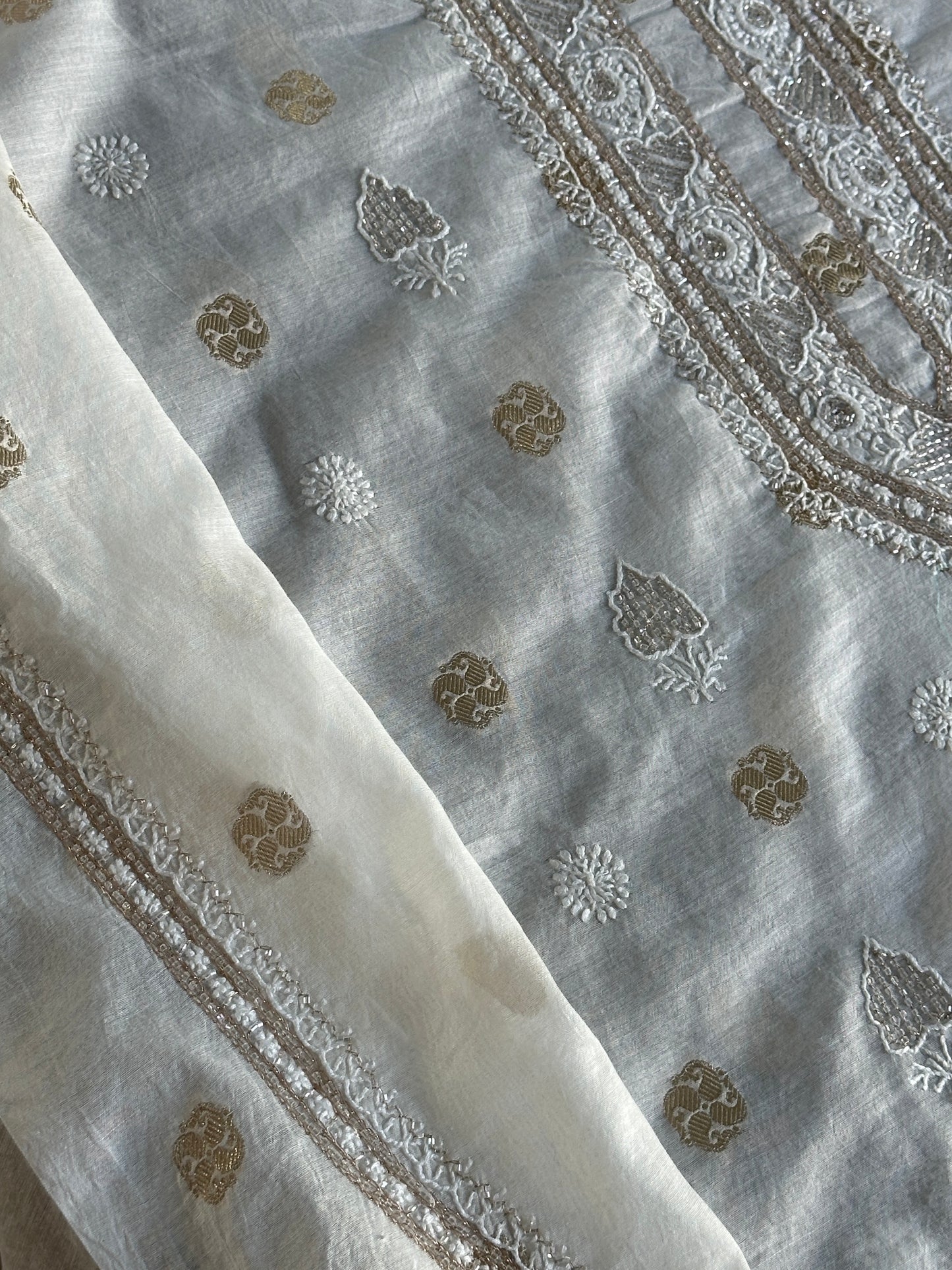 Golden & Off White Zari Chanderi Unisex Chikankari Unstitched Men’s Kurta Fabric