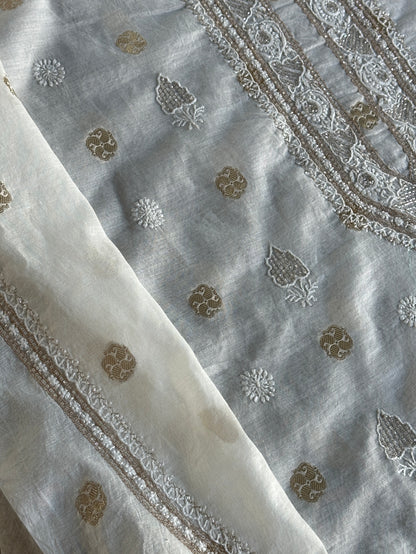 Golden & Off White Zari Chanderi Unisex Chikankari Unstitched Men’s Kurta Fabric