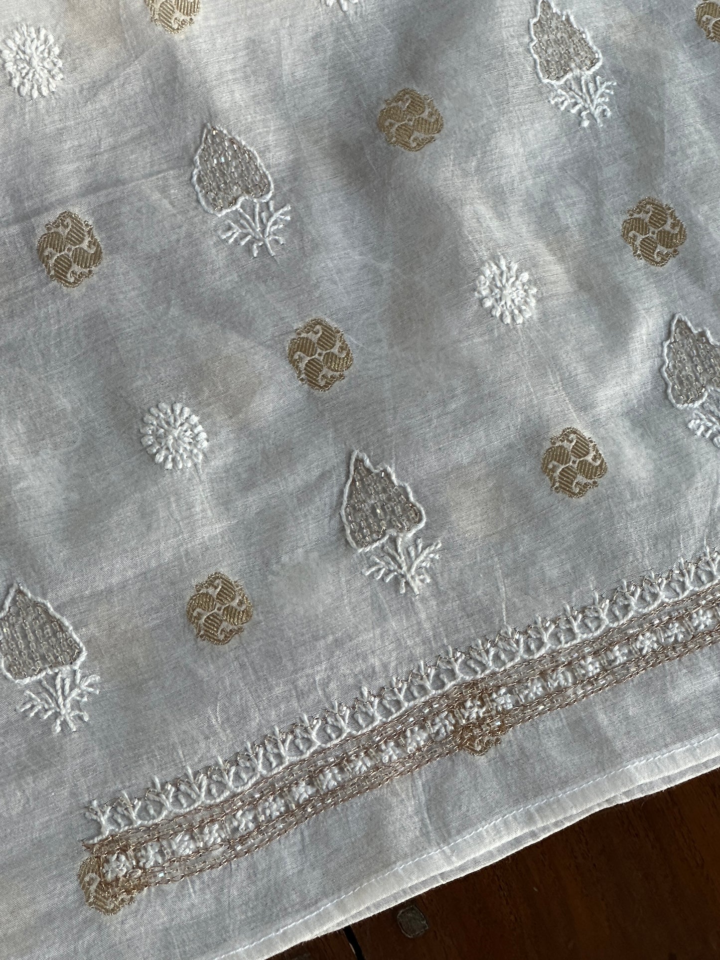 Golden & Off White Zari Chanderi Unisex Chikankari Unstitched Men’s Kurta Fabric