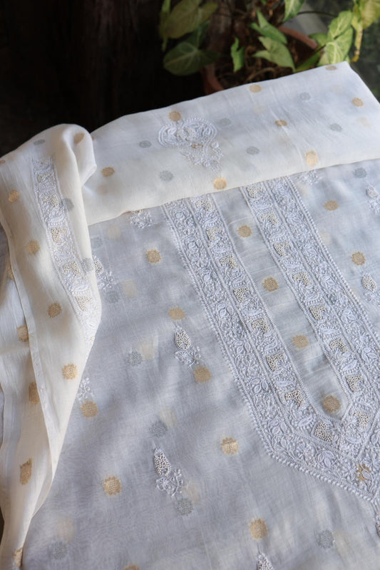 Golden & Silver Off White Zari Chanderi Unisex Chikankari Unstitched Men’s Kurta Fabric