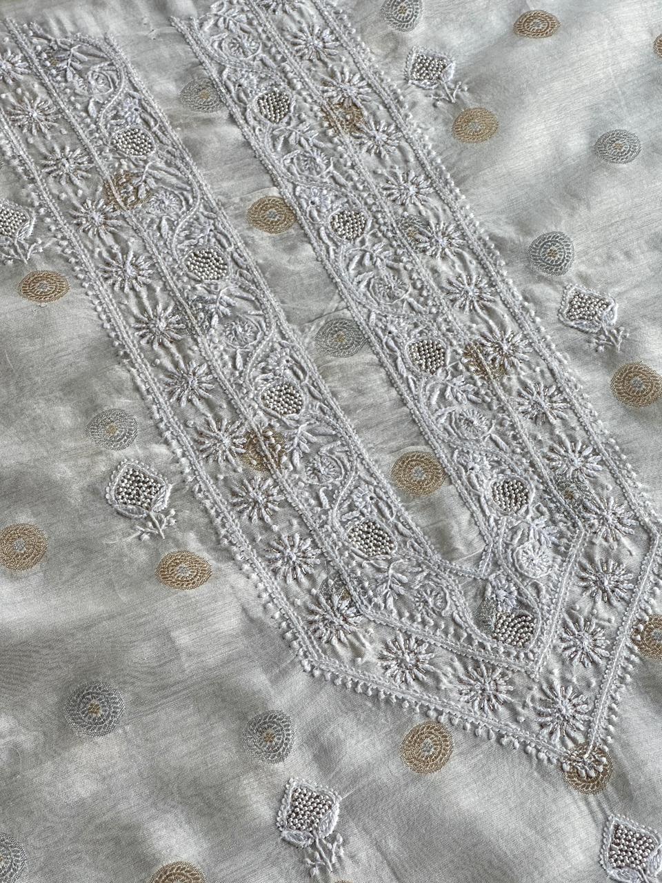 Golden & Silver Off White Zari Chanderi Unisex Chikankari Unstitched Men’s Kurta Fabric
