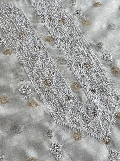 Golden & Silver Off White Zari Chanderi Unisex Chikankari Unstitched Men’s Kurta Fabric