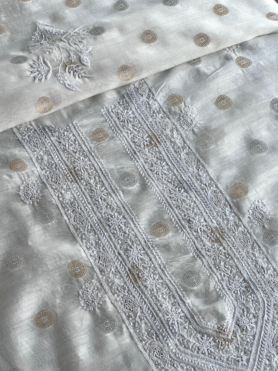 Golden & Silver Off White Zari Chanderi Unisex Chikankari Unstitched Men’s Kurta Fabric