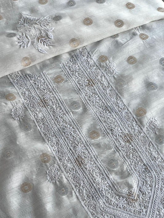 Golden & Silver Off White Zari Chanderi Unisex Chikankari Unstitched Men’s Kurta Fabric
