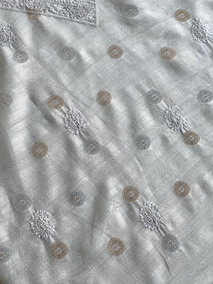 Golden & Silver Off White Zari Chanderi Unisex Chikankari Unstitched Men’s Kurta Fabric