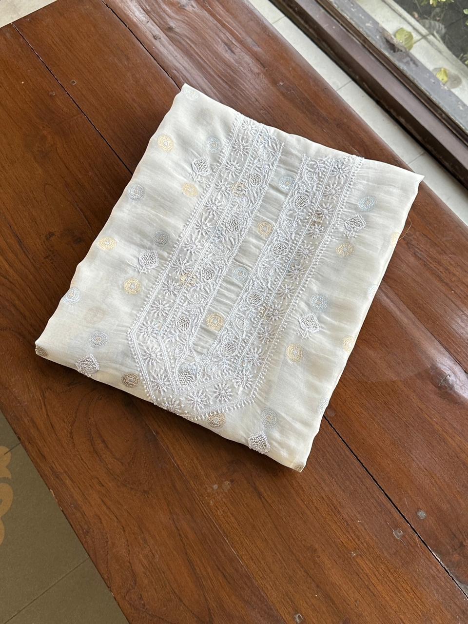 Golden & Silver Off White Zari Chanderi Unisex Chikankari Unstitched Men’s Kurta Fabric