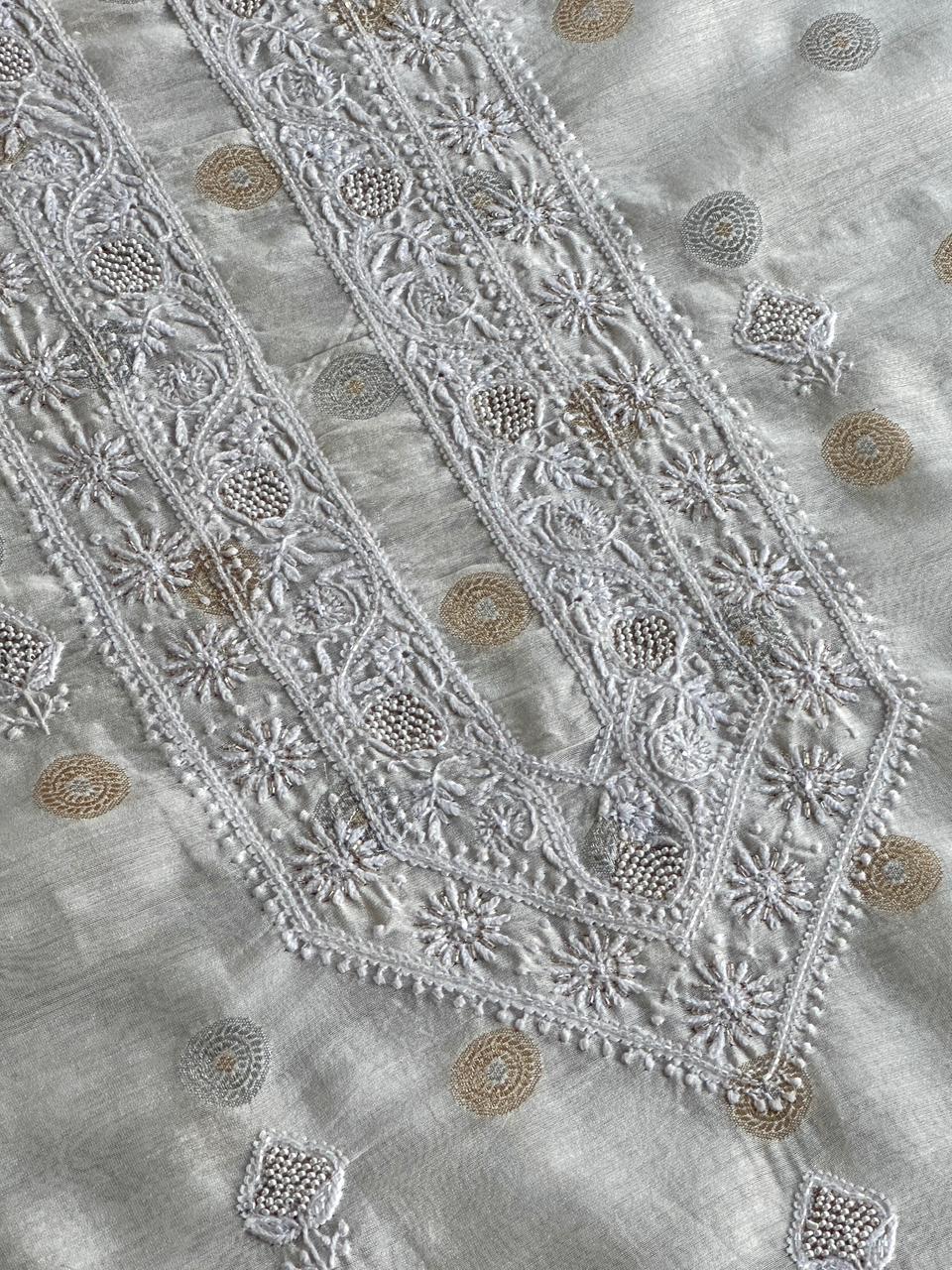 Golden & Silver Off White Zari Chanderi Unisex Chikankari Unstitched Men’s Kurta Fabric