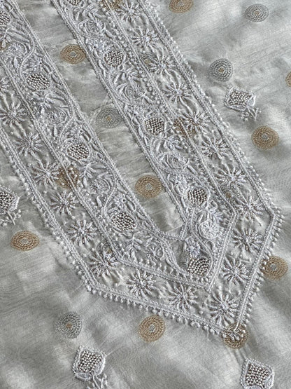 Golden & Silver Off White Zari Chanderi Unisex Chikankari Unstitched Men’s Kurta Fabric